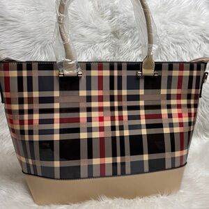 Stylish Plaid Tote Bag - Beige, Black, and Red